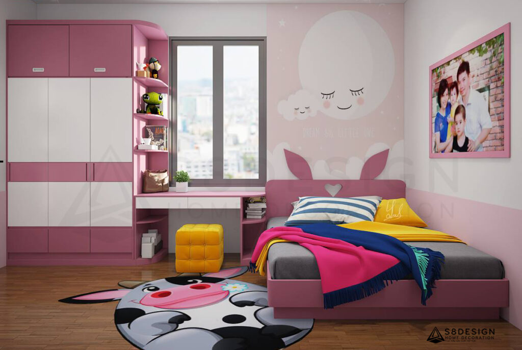 Thiết kế nội thất phòng ngủ tông trắng hồng đáng yêu